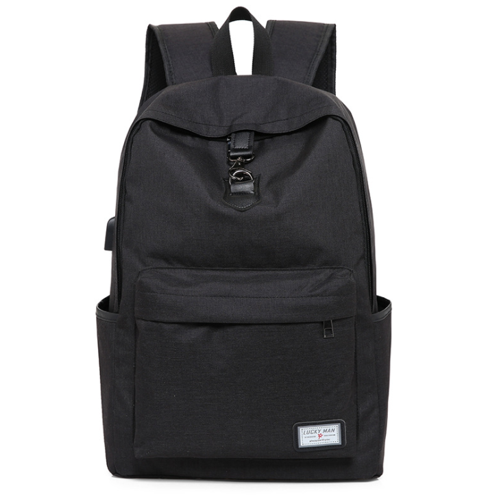 A black backpack with a front pocket
