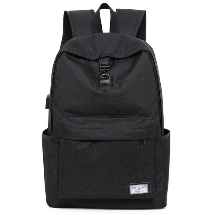 A black backpack with a front pocket