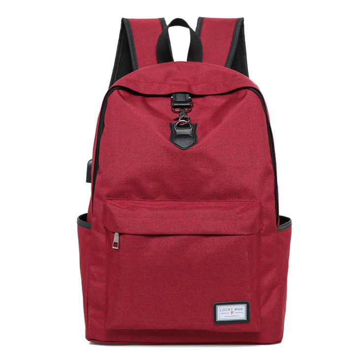 A red backpack with a front pocket