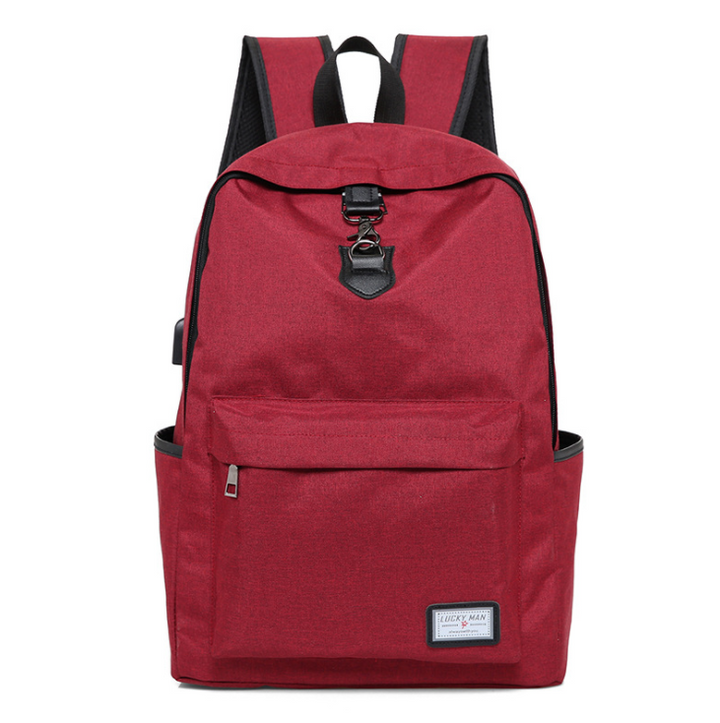 A red backpack with a front pocket