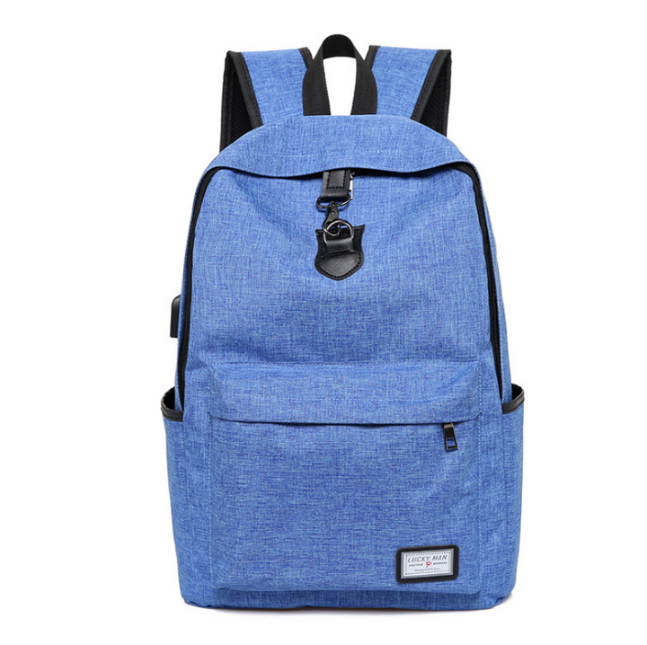 A blue backpack with a front pocket