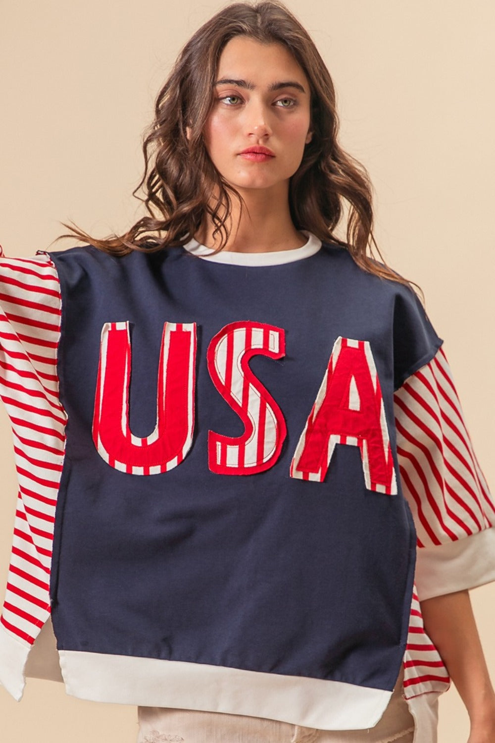 T-Shirt - USA Letter Patchwork Contrast Short Sleeve
