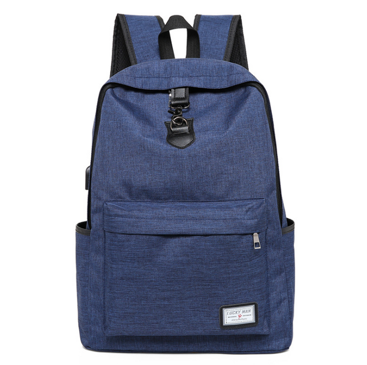 A navy blue backpack with a front pocket