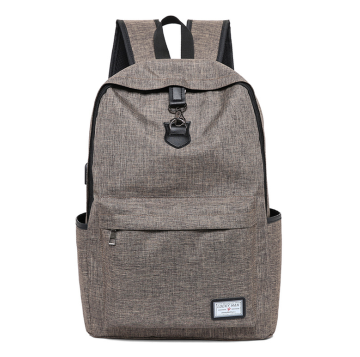 A textured wood brown backpack with a front pocket