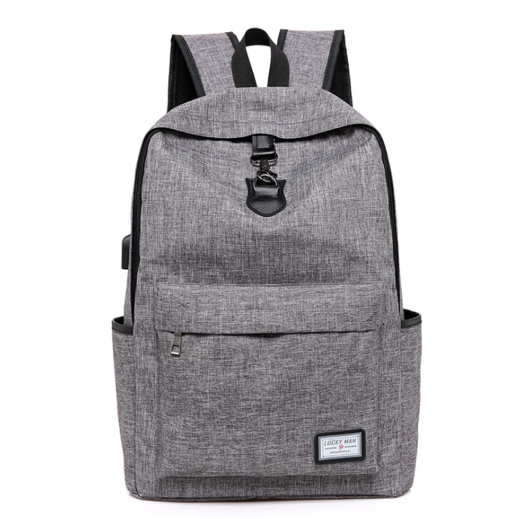 A textured gray backpack with a front pocket