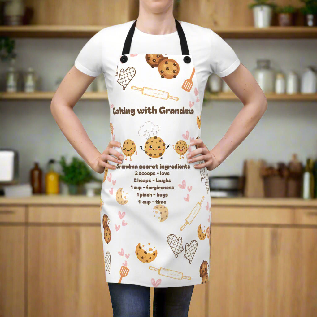 A white apron with black straps featuring a pattern of cookies, a rolling pin, and text that reads 'Baking with Grandma' and 'Grandma secret ingredients.'.
