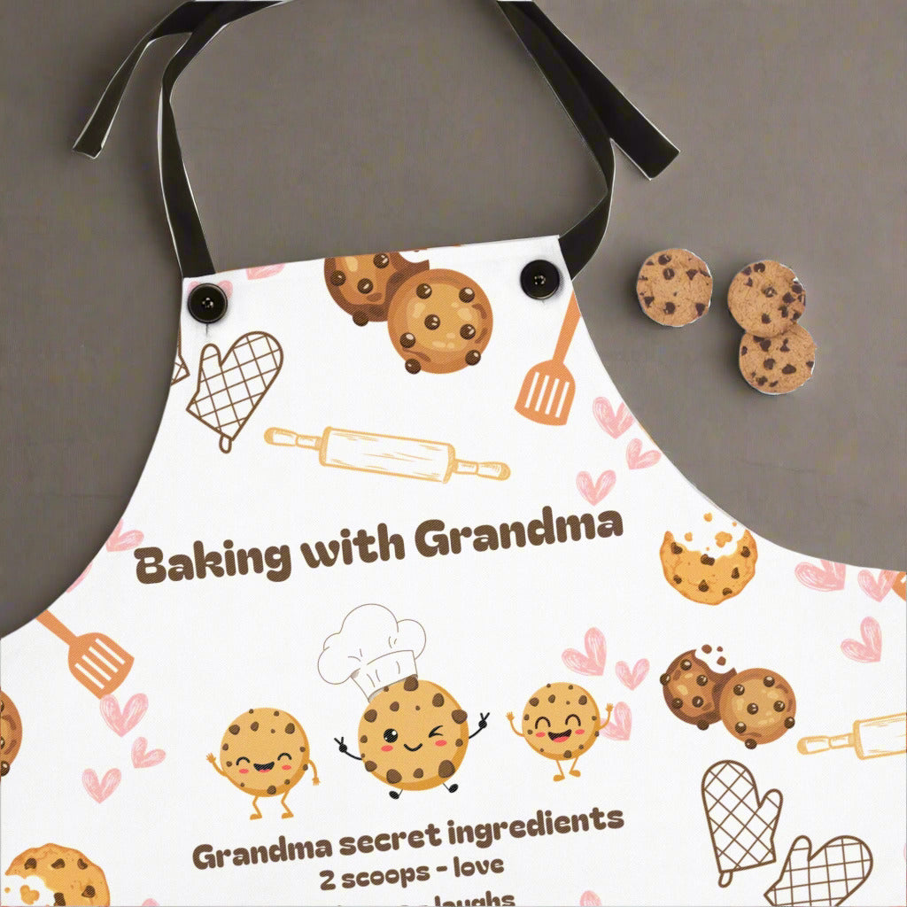 A white apron with black straps featuring a pattern of cookies, a rolling pin, and text that reads 'Baking with Grandma' and 'Grandma secret ingredients.'.