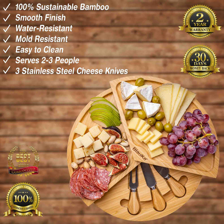 Wooden charcuterie board with cheese, fruits, and meats on a wooden background with product features listed.