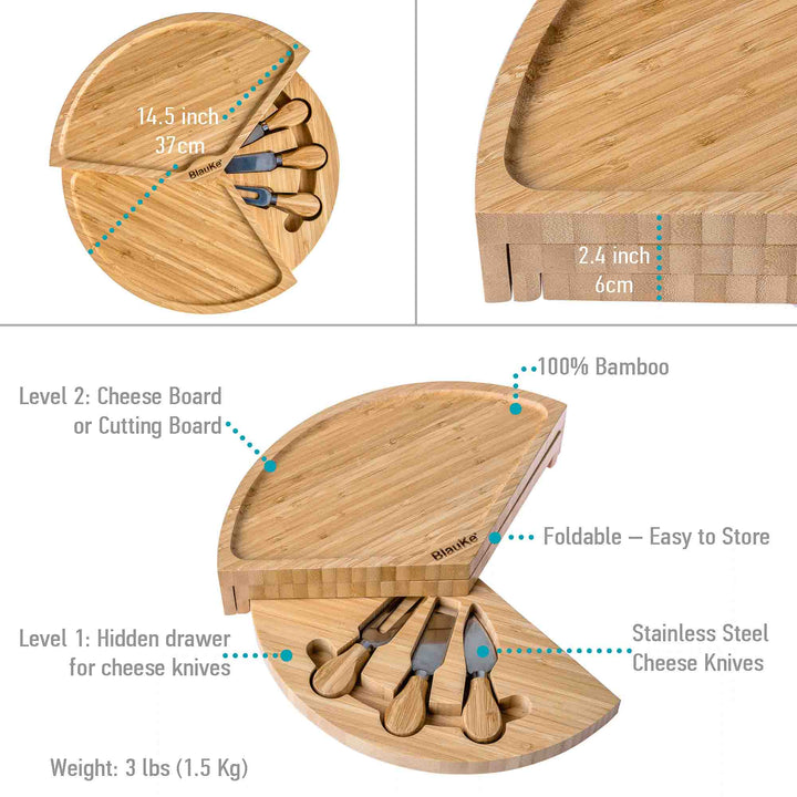 Wooden cheese board with cutlery set and measurements, featuring a hidden drawer and foldable design.