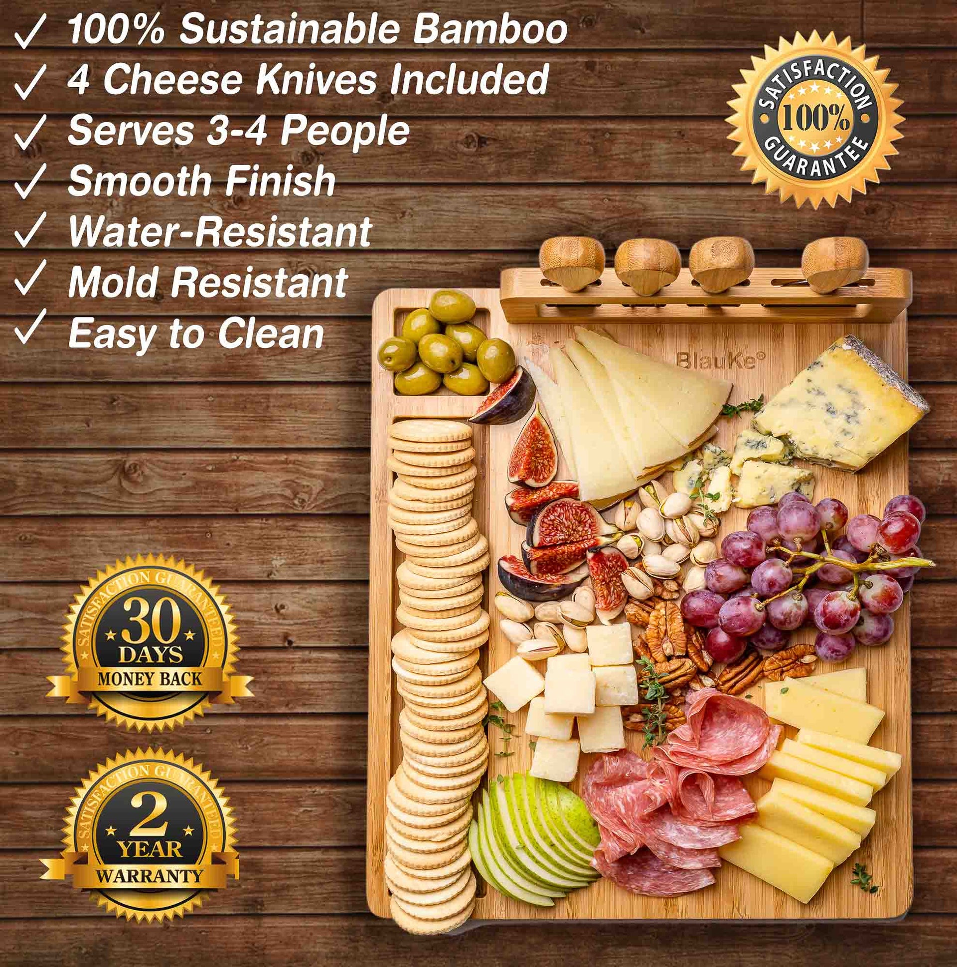 Wooden charcuterie board with assorted foods on a wooden background, featuring product details and guarantees.