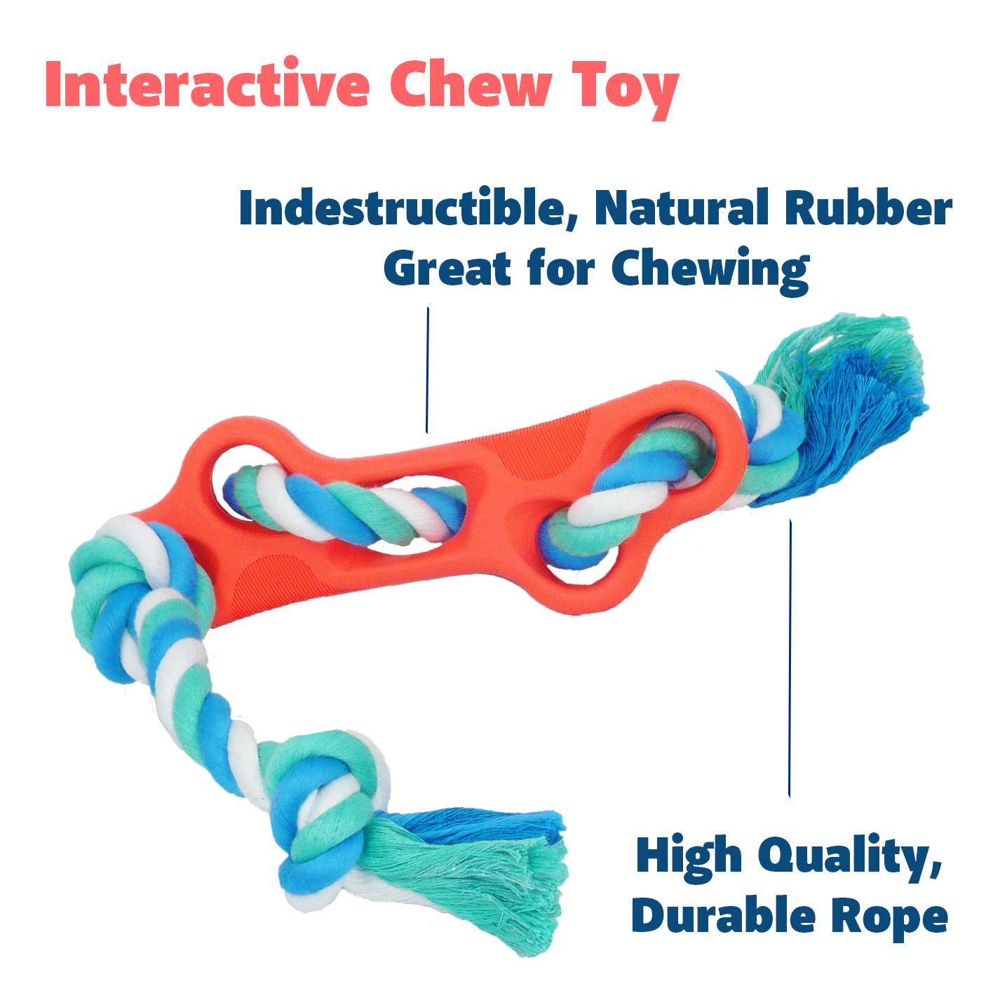 Interactive chew toy great for chewing, made with high quality rope and natural rubber