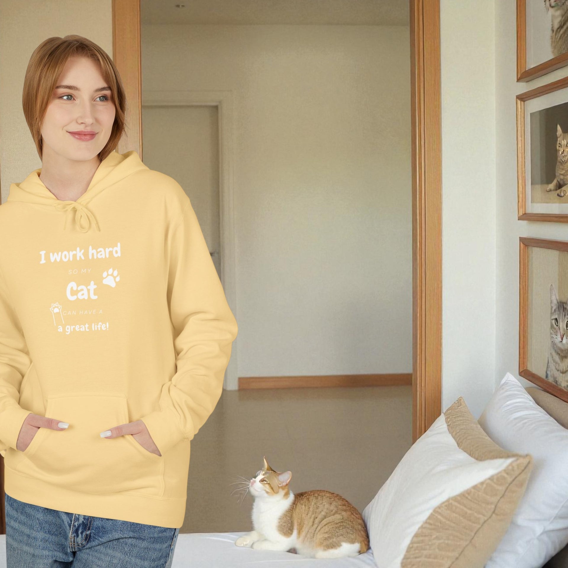 Cat Lover's Softstyle Fleece Hoodie - "I Work Hard to Support My Cat"