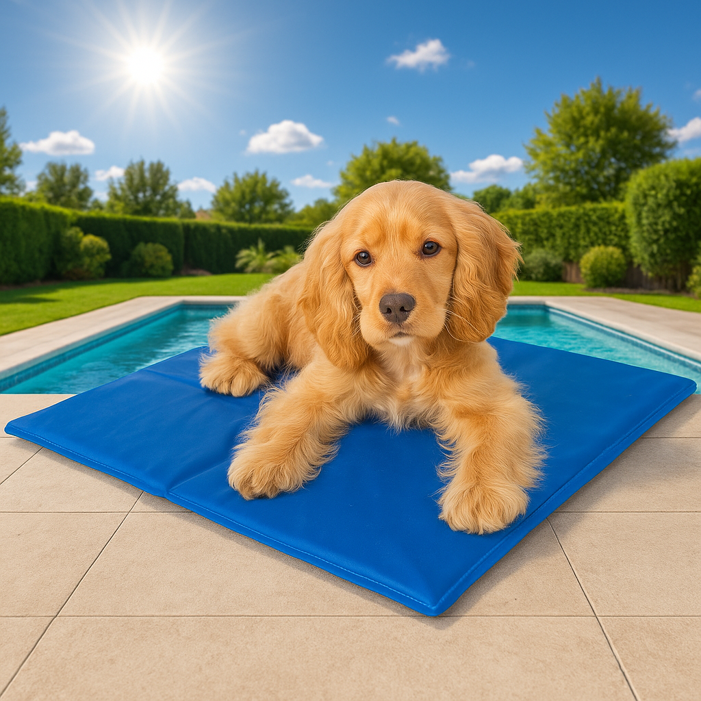 Dog lying on a blue cooling pad by a pool with a sunny day background