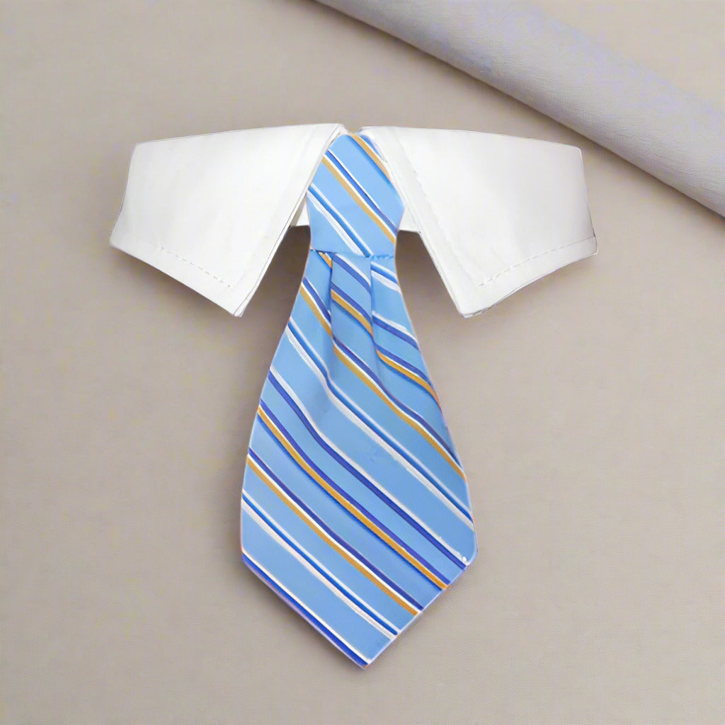 A blue dog collar with a detachable striped tie, displayed against a white background.