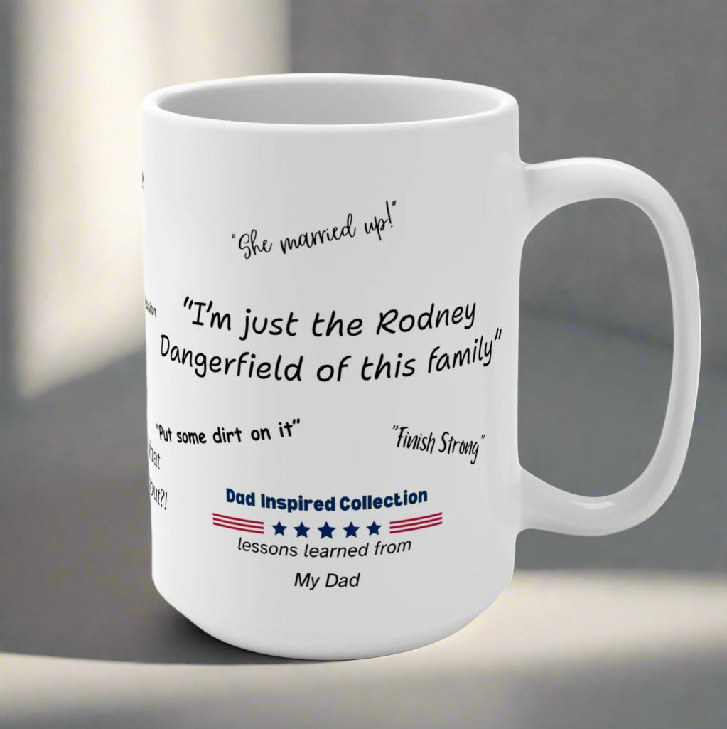 White mug with text and design elements on a white background