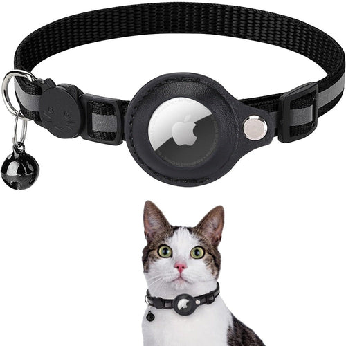 Reflective black pet collar with a transparent case for an Airtag and a bell, displayed on a white background with an image of a cat wearing the collar.