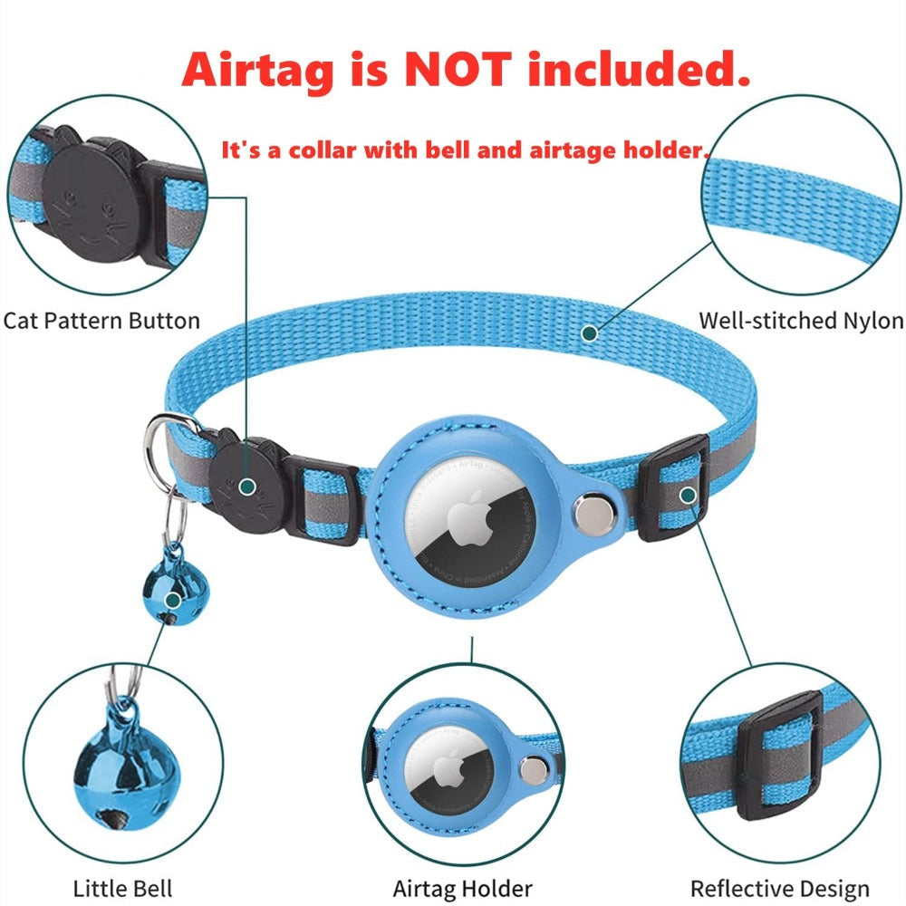 Diagram of a pet collar that has a bell, air tag holder, a cat face clip button, and states the collar is made with well stitched nylon