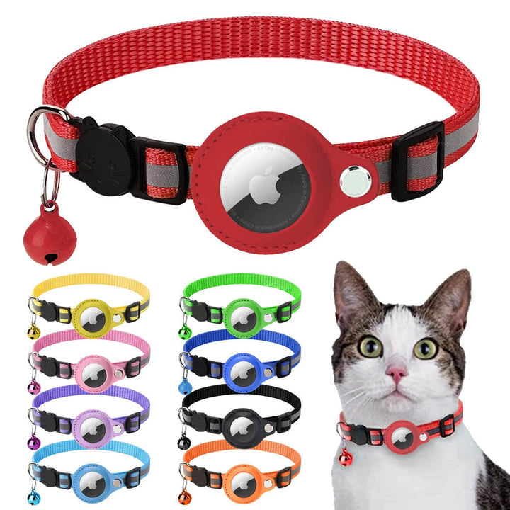 A selection of colorful reflective airtag case collars for pets, displayed in an alternating pattern, with a cat wearing one of the collars in the foreground.