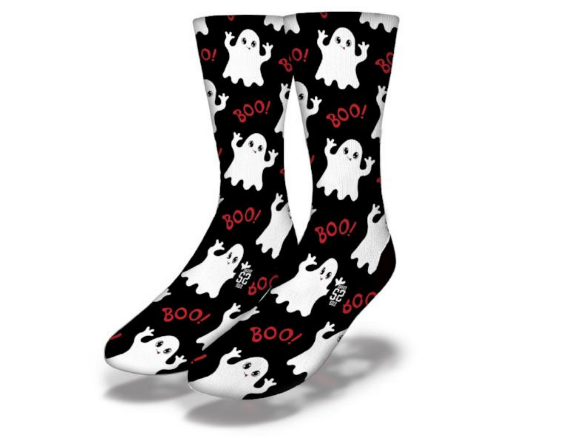 Fun Halloween themed socks, with ghosts and the word Boo as a design.