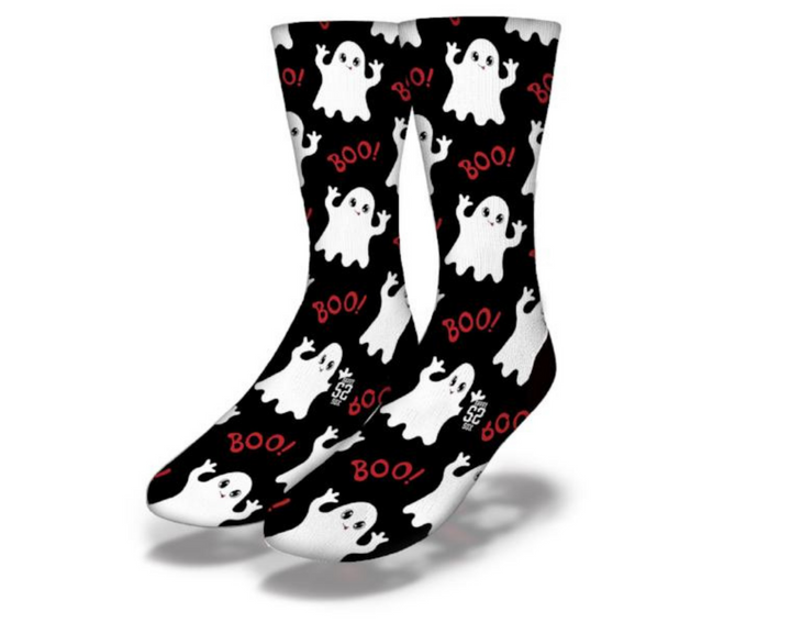 Fun Halloween themed socks, with ghosts and the word Boo as a design.
