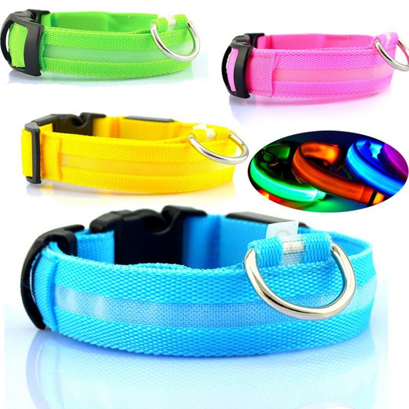 A collection of USB rechargeable LED pet collars in various colors, displayed in both single and grouped images, showcasing the collars' adjustable design and LED lights.