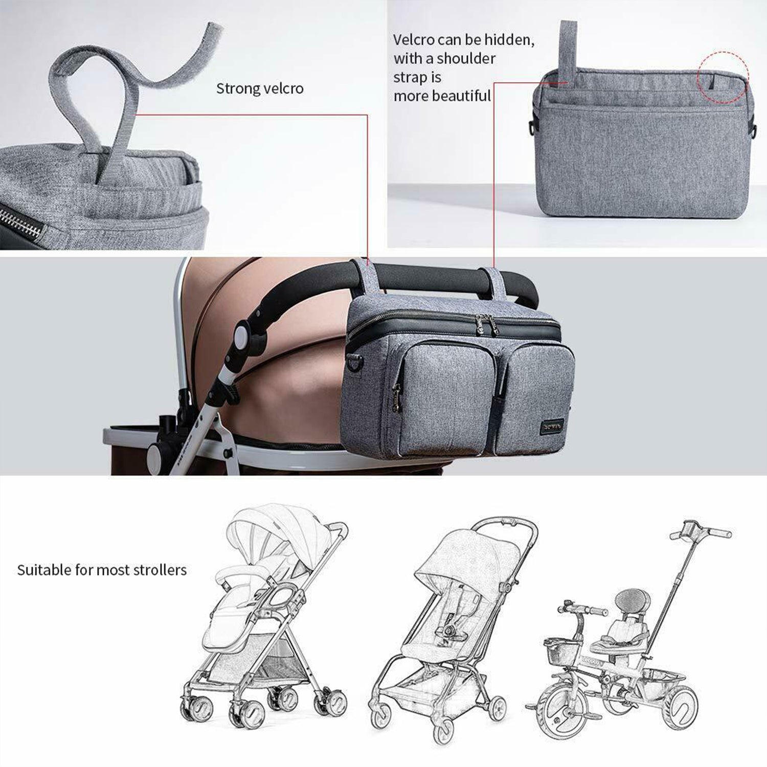 A grey stroller organizer bag with strong Velcro straps for attachment. The bag can be secured to stroller handles and has multiple front zippered pockets. The Velcro straps can be hidden when using a shoulder strap for a cleaner look. The organizer is shown attached to a stroller handle and is described as suitable for most stroller types, including standard strollers, lightweight umbrella strollers, and tricycle-style strollers.