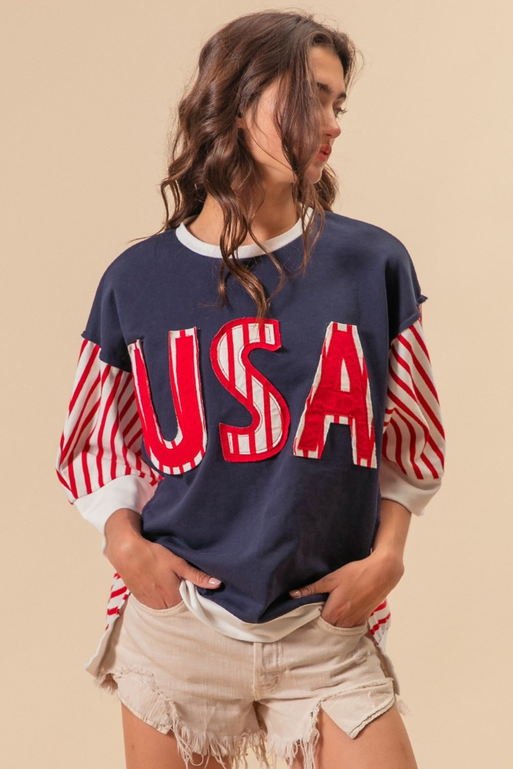 T-Shirt - USA Letter Patchwork Contrast Short Sleeve