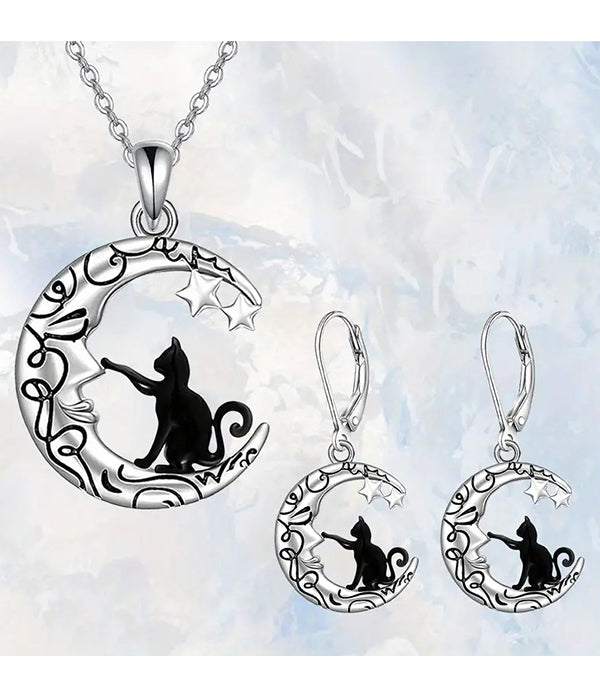 Necklace Earring Set - Cat and Crescent Moon Pendant