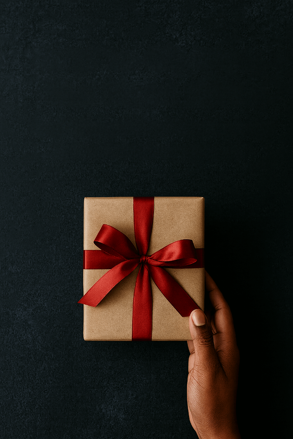 A person’s hand holds a beautifully wrapped kraft paper gift box tied with a red satin ribbon, set against a dark textured background — symbolizing thoughtful giving and elegant presentation.