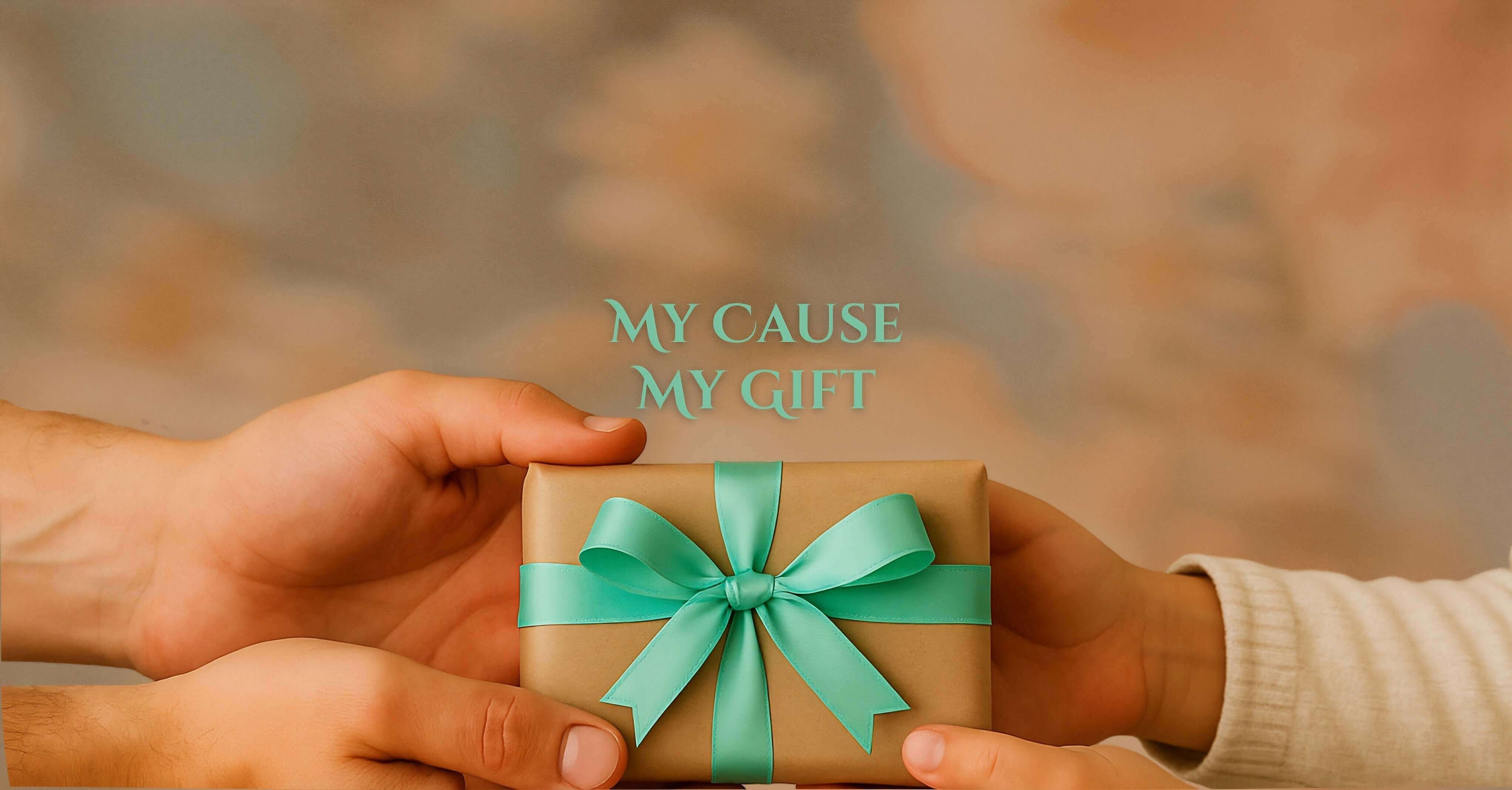 Hands exchanging a gift symbolizing the connection between purchasing and donating.