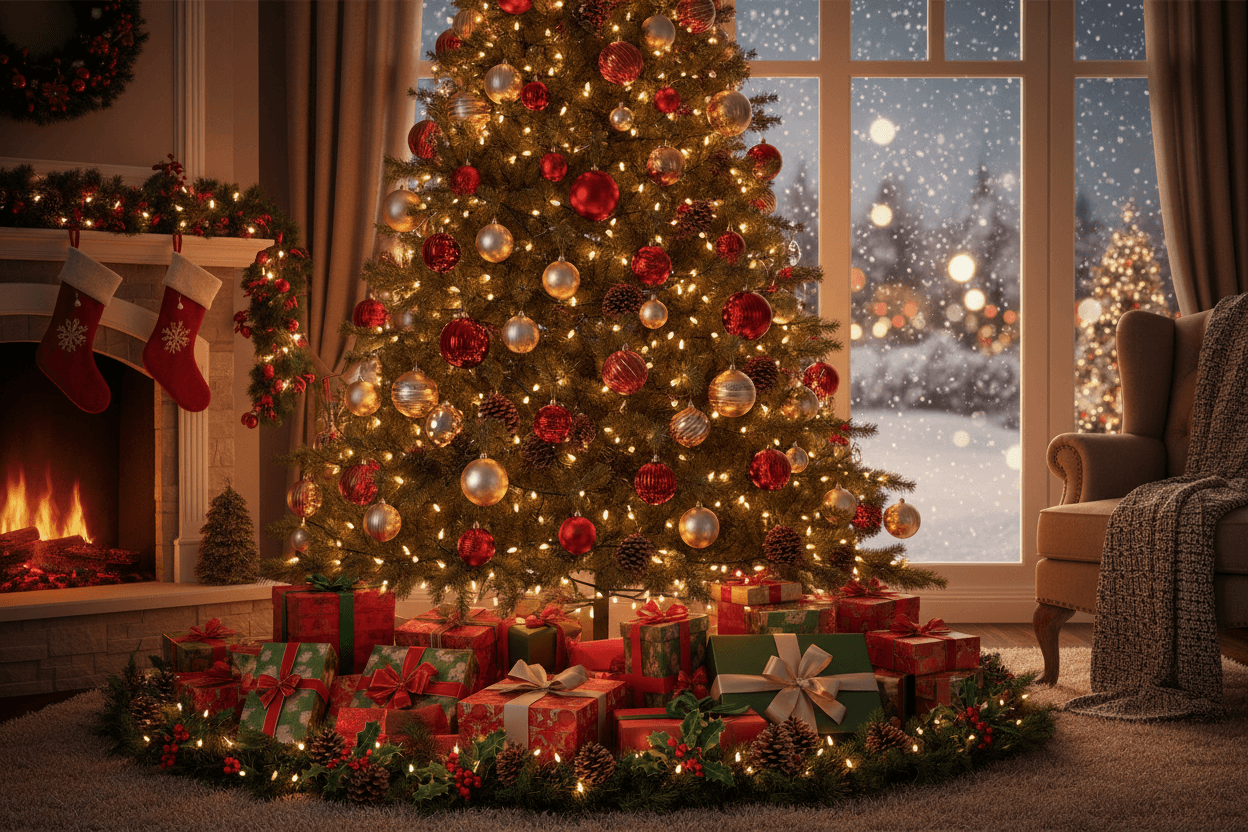 Cozy living room decorated for Christmas, featuring a beautifully lit tree surrounded by Holiday unique gifts Christmas.