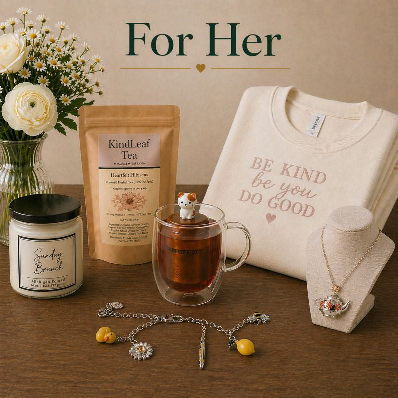 For Her gift collection featuring floral bouquet, KindLeaf tea, scented candle, cozy graphic sweatshirt, teapot necklace, charm bracelet, and tea mug on a warm wood tabletop, thoughtful gifts for women that give back
