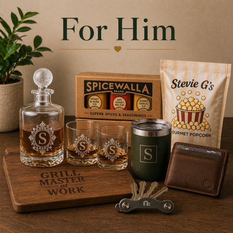 For Him gift collection featuring engraved whiskey decanter set, leather wallet, gourmet popcorn, spice gift box, grilling board, and everyday essentials on a warm wood tabletop, thoughtful gifts for men that give back.
