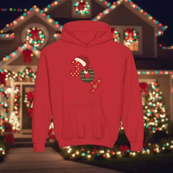 Red hoodie with a festive "JOY" design 