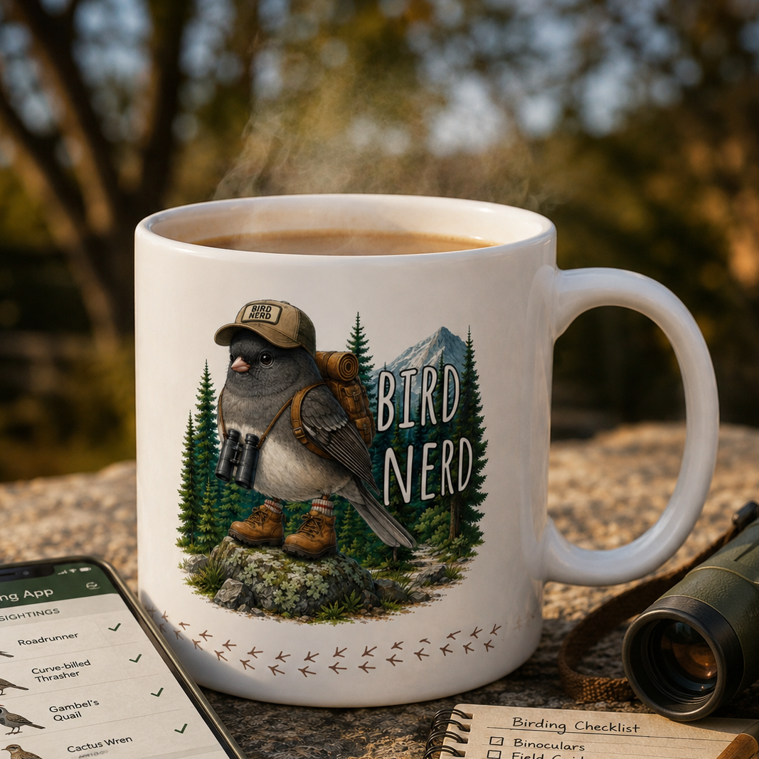 Ceramic Bird Nerd coffee mug with humorous birdwatching quote displayed on a stone table outdoors.