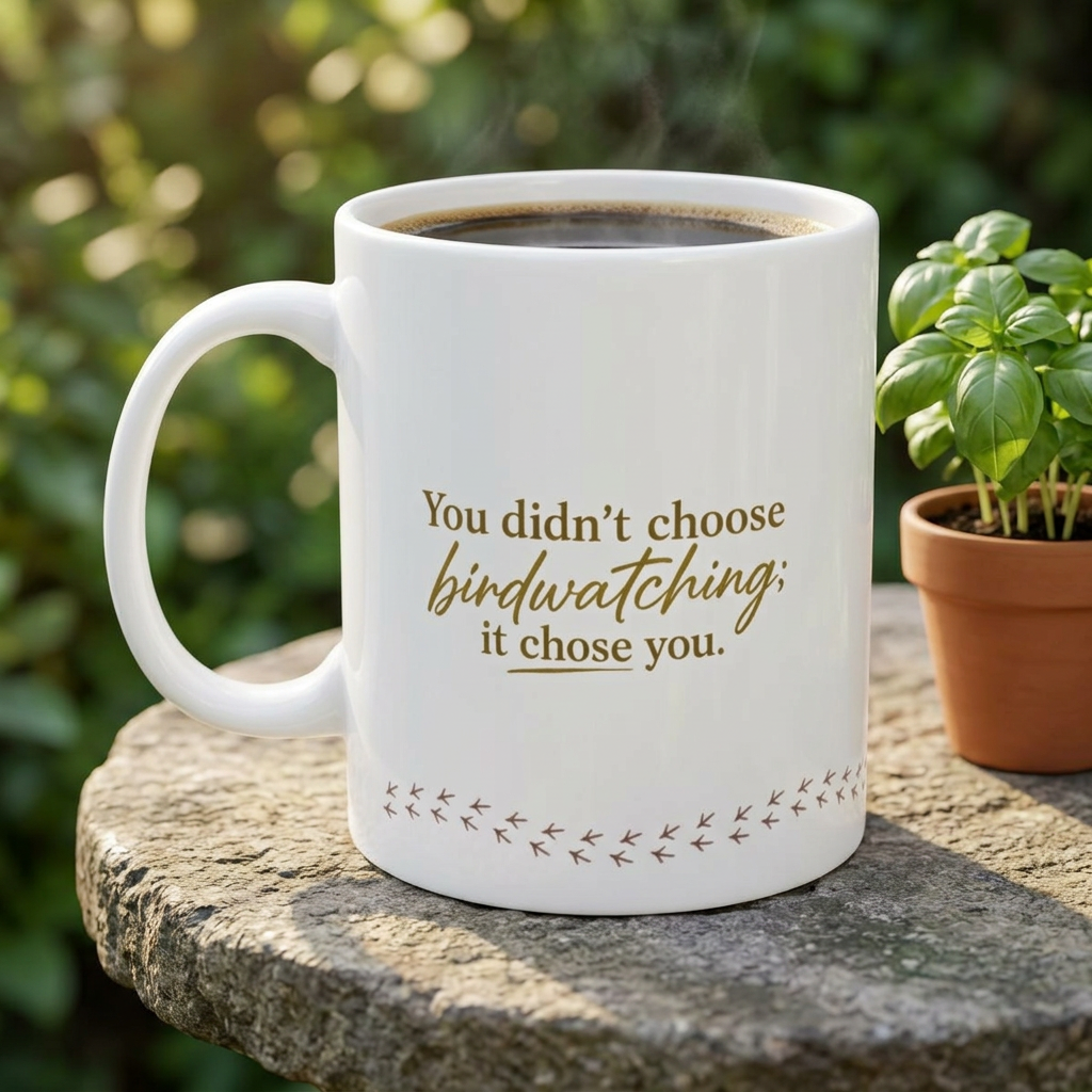 Ceramic Bird Nerd coffee mug with humorous birdwatching quote displayed on a stone table outdoors.