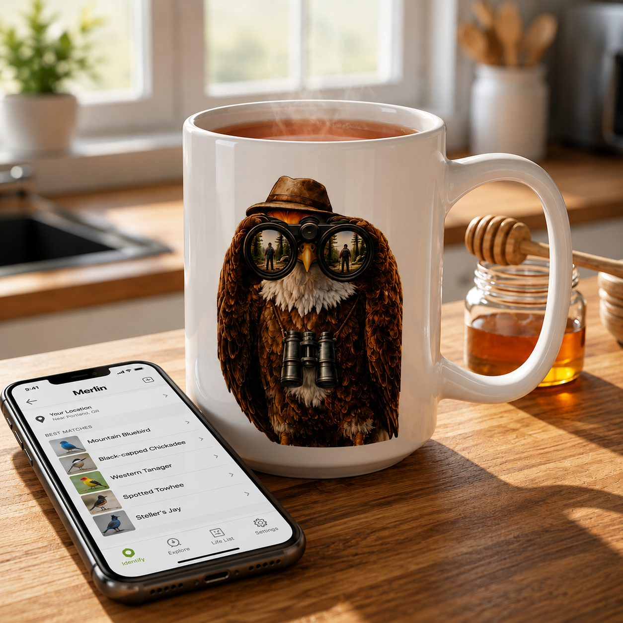 Bird Nerd coffee mug with Eagle birdwatching artwork beside a smartphone displaying a bird identification app