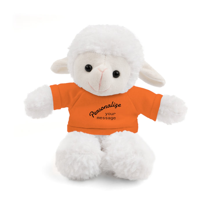 Personalized stuffed animal gift featuring a soft plush sheep in an orange customizable T-shirt.