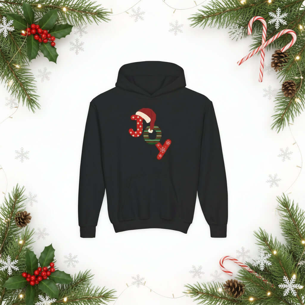 Black hoodie with a festive design on the back featuring a Santa hat and colorful text.