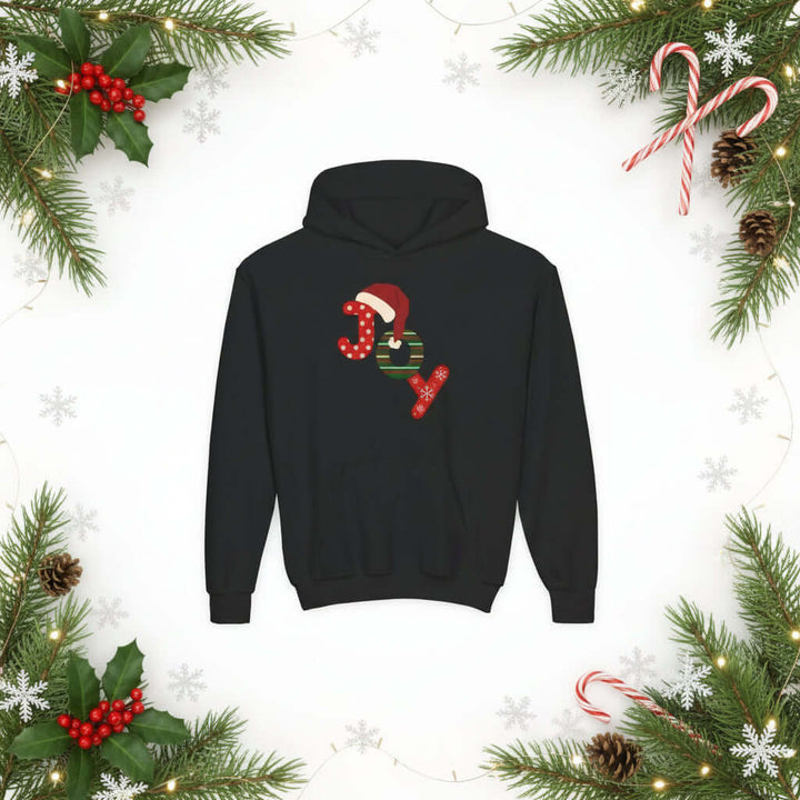 Black hoodie with a festive design on the back featuring a Santa hat and colorful text.