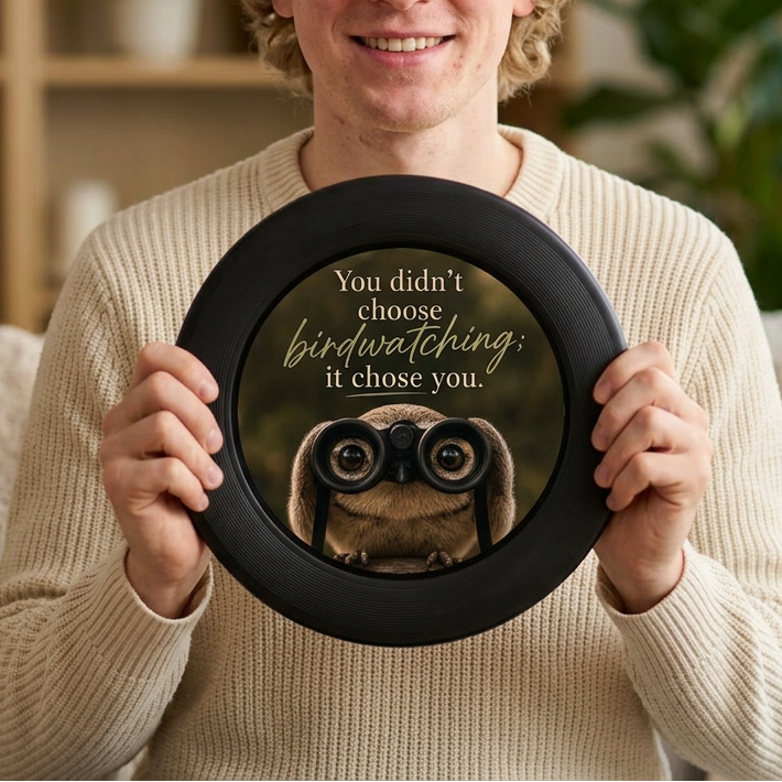 Person holding a personalized disc golf frisbee featuring an owl with binoculars and text about birdwatching.
