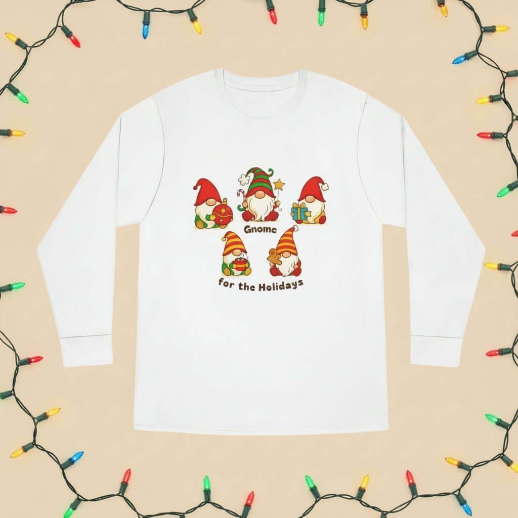 White long-sleeve shirt with Christmas gnome design on a white background