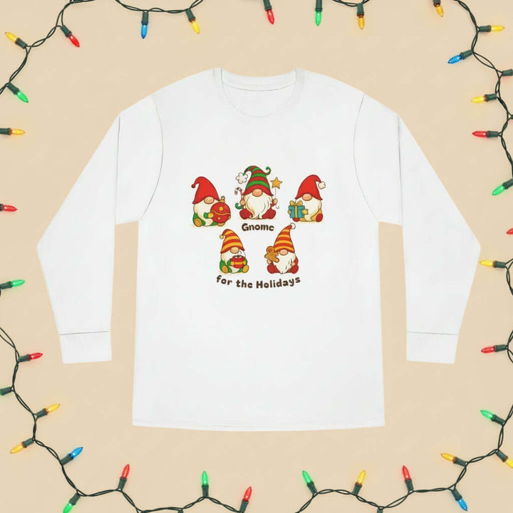 White long-sleeve shirt with Christmas gnome design on a white background