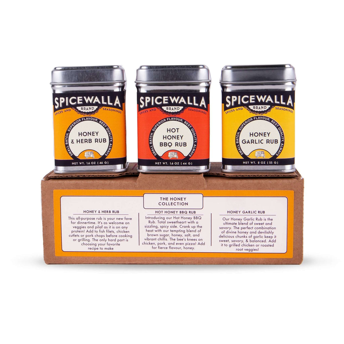 3 pack honey collection gift set with Honey Herb Rub, Hot Honey BBQ Rub, and Honey Garlic Rub displayed on branded box packaging