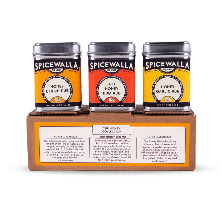 3 pack honey collection gift set with Honey Herb Rub, Hot Honey BBQ Rub, and Honey Garlic Rub displayed on branded box packaging