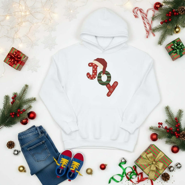 White hoodie with 'Joy' design on a white background