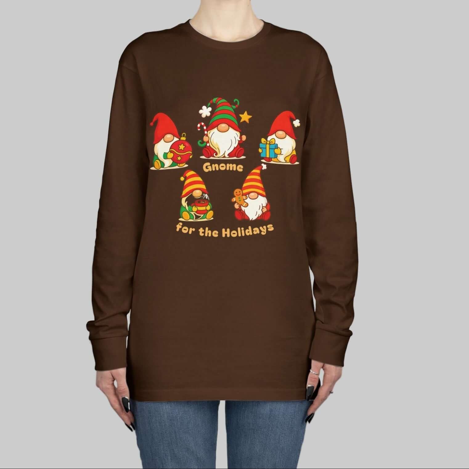 Person wearing a brown long-sleeve shirt with gnome graphics with text "Gnome for the Holidays"