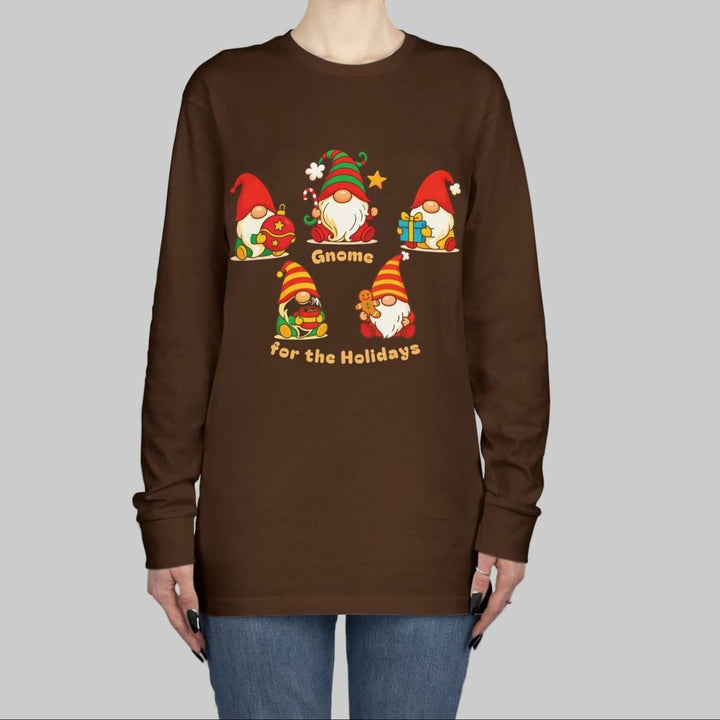 Person wearing a brown long-sleeve shirt with gnome graphics with text "Gnome for the Holidays"