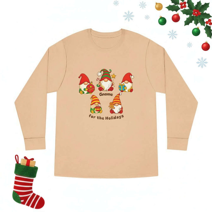 Beige long-sleeve shirt with Christmas gnome design on a white background