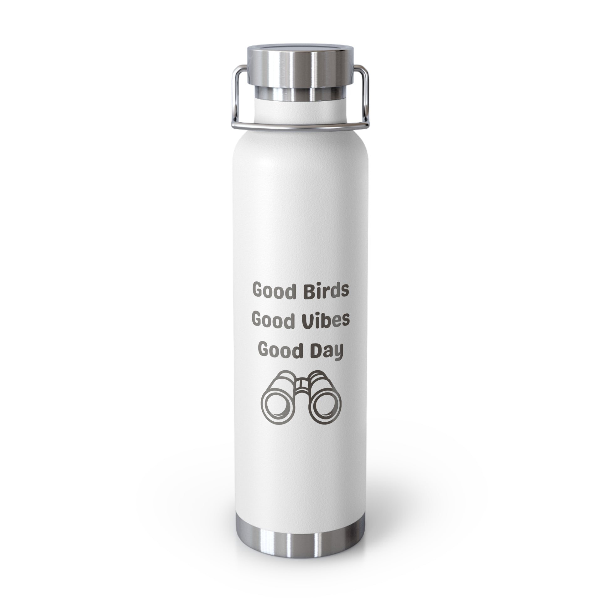 Birding copper vacuum insulated water bottle 22oz in white with Good Birds Good Vibes Good Day design